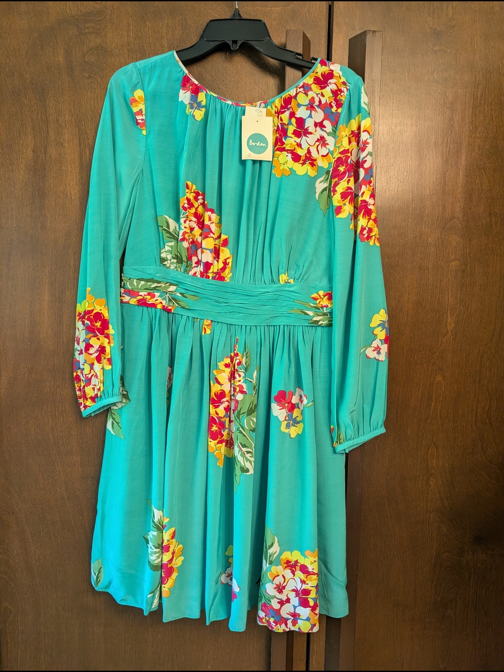 Boden Green Floral Long-Sleeve Gathered-Waist Dress